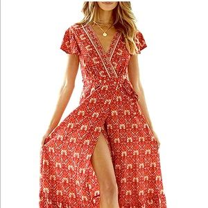Boho Floral Wrap Short Sleeve Split Maxi Dress